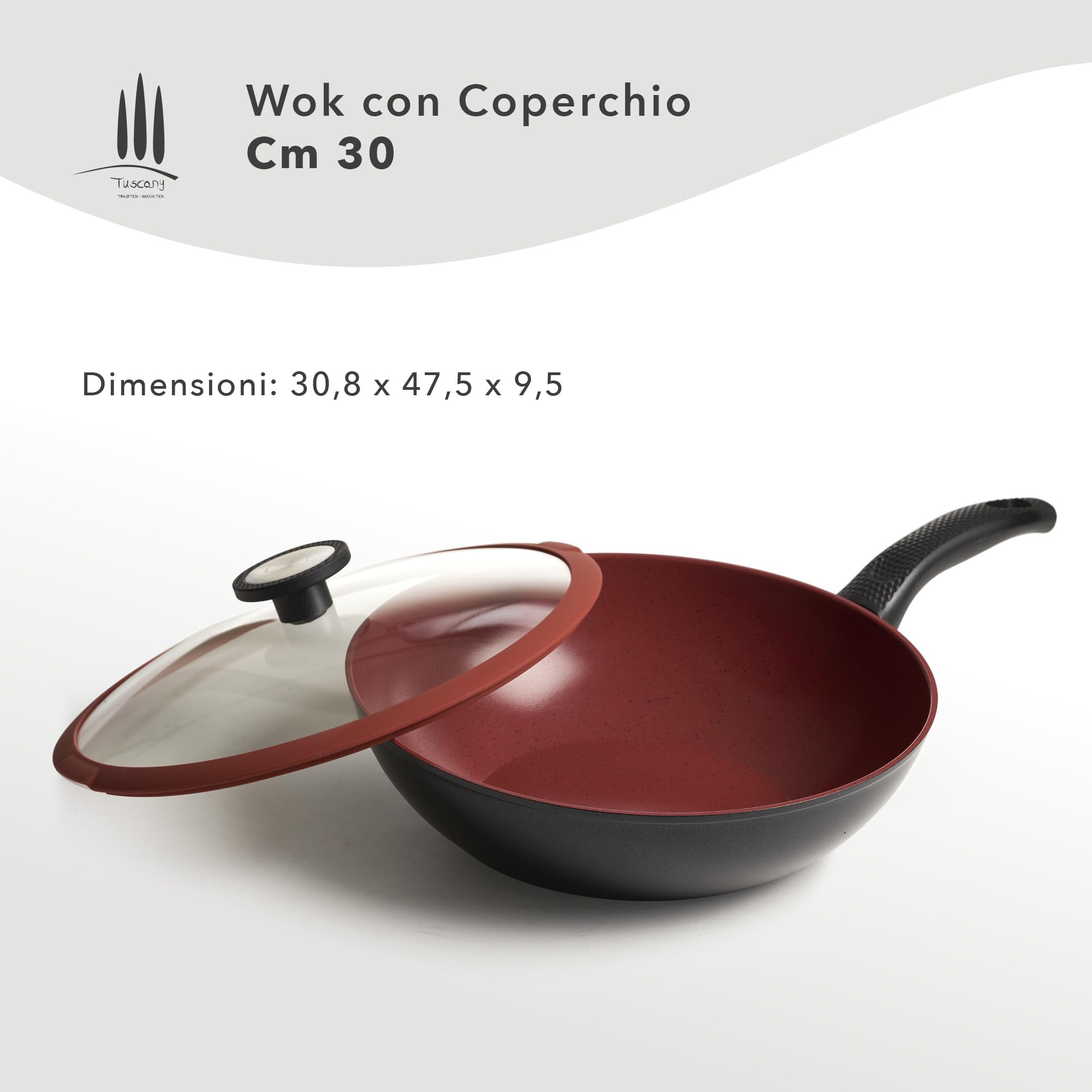 CLASSE ITALY, Linea TUSCANY, Wok cm 30 - Antiaderente naturale a 5 strati, alta resistenza, senza PTFE, PFOA, PIOMBO, CADMIO, per Induzione e Fiamma