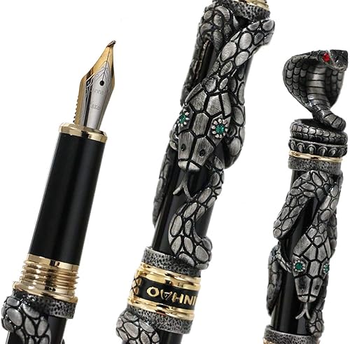 JinHao - Pluma estilográfica de serpiente negra doblada con convertidores para escribir, bolígrafos retro de caligrafía con patrón de cobra