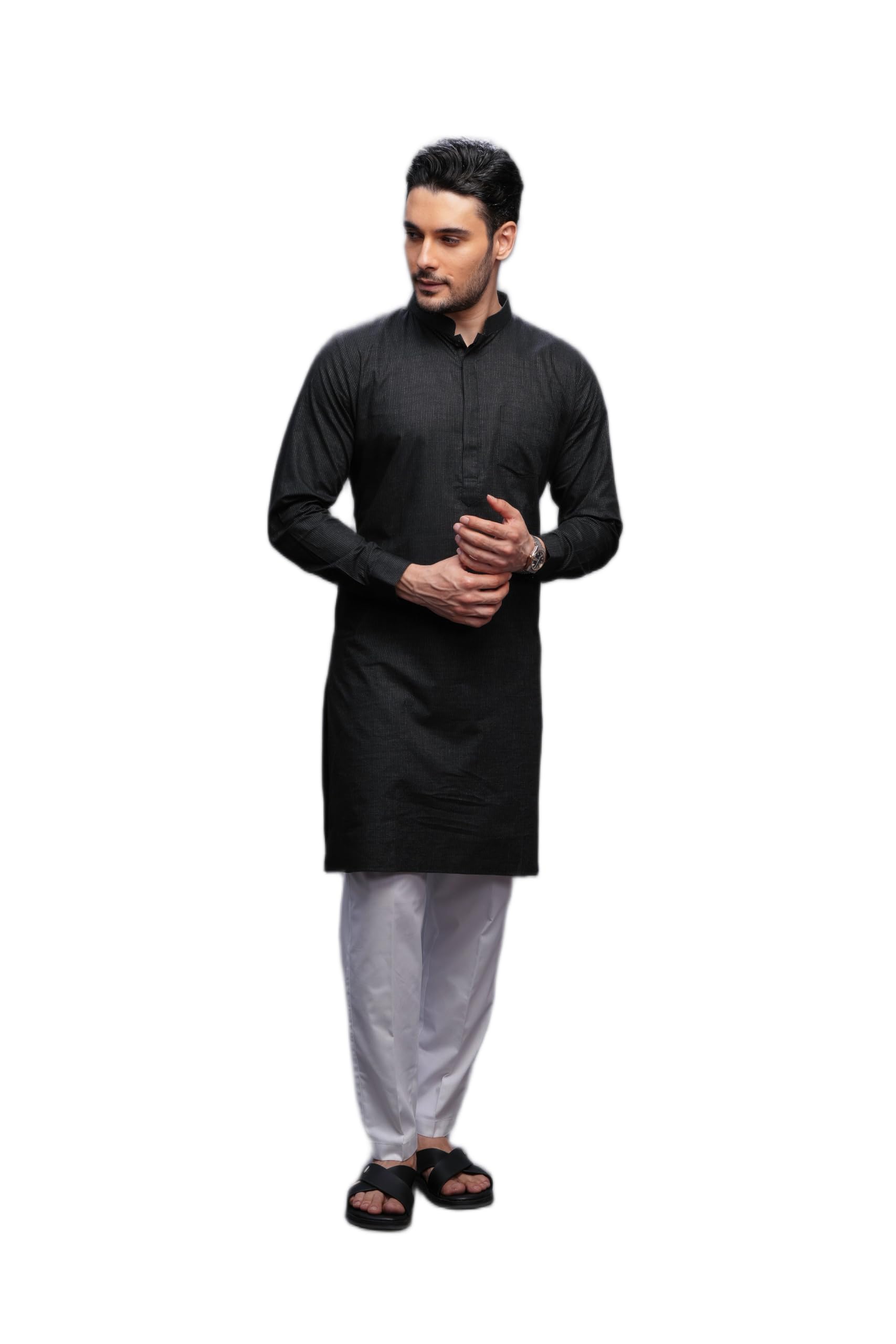mashroo Men Kurta Pajama Set Black S Cotton Stripe with Mandarin Neck for Weddings and Festivals-picture-46