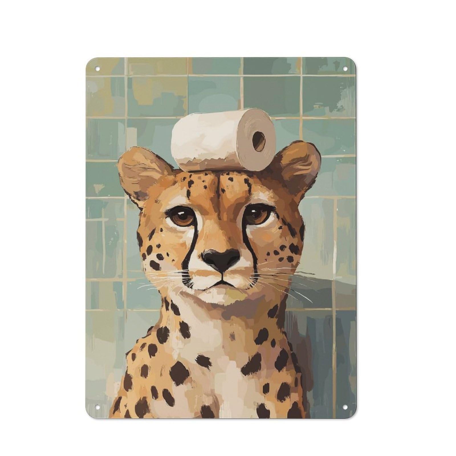 Country Style Cheetah with Toilet Paper on Head Decorative Metal Sign 40x30cm, Bistro Wall Plaque for Restaurant, Kitchen, Counter Or Breakfast Nook