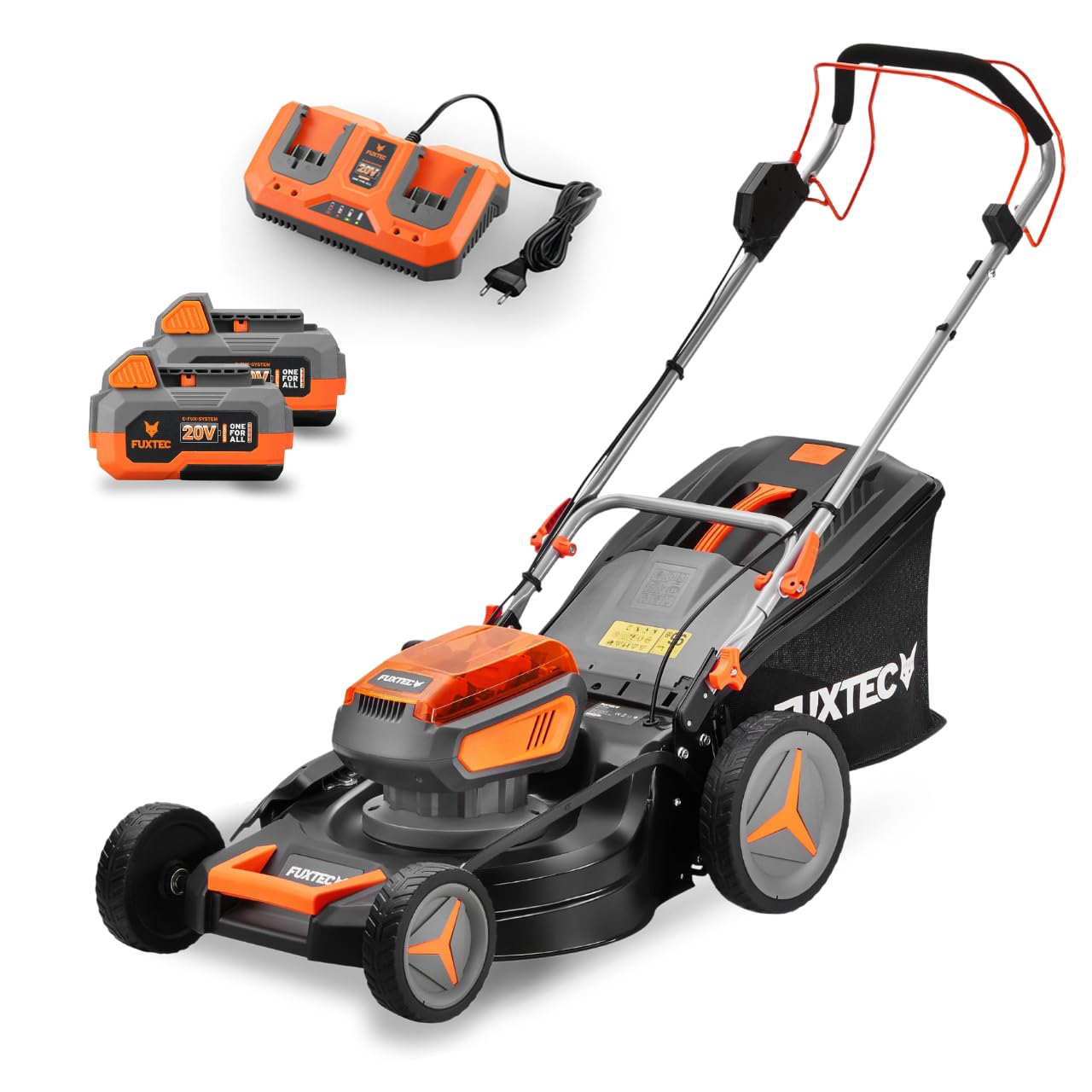 FUXTEC Tondeuse à Gazon sans Fil 40V FX-E2RM46 • Autotractée avec 2 Batteries 4Ah et Double Chargeur • Coupe 46 cm • Mulching et Éjection Latérale • Bac 50L • Hauteur de Coupe 25–75 mm