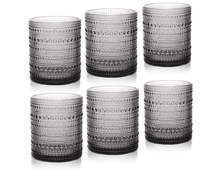 Image of Cocktail Glasses 10 oz Hobnail Drinking Glasses Set of 6, Vintage Glassware, Textured Glass Cups Bubble Glasses Water Glasses Old Fashion Jupiter Glasses Set, Grey