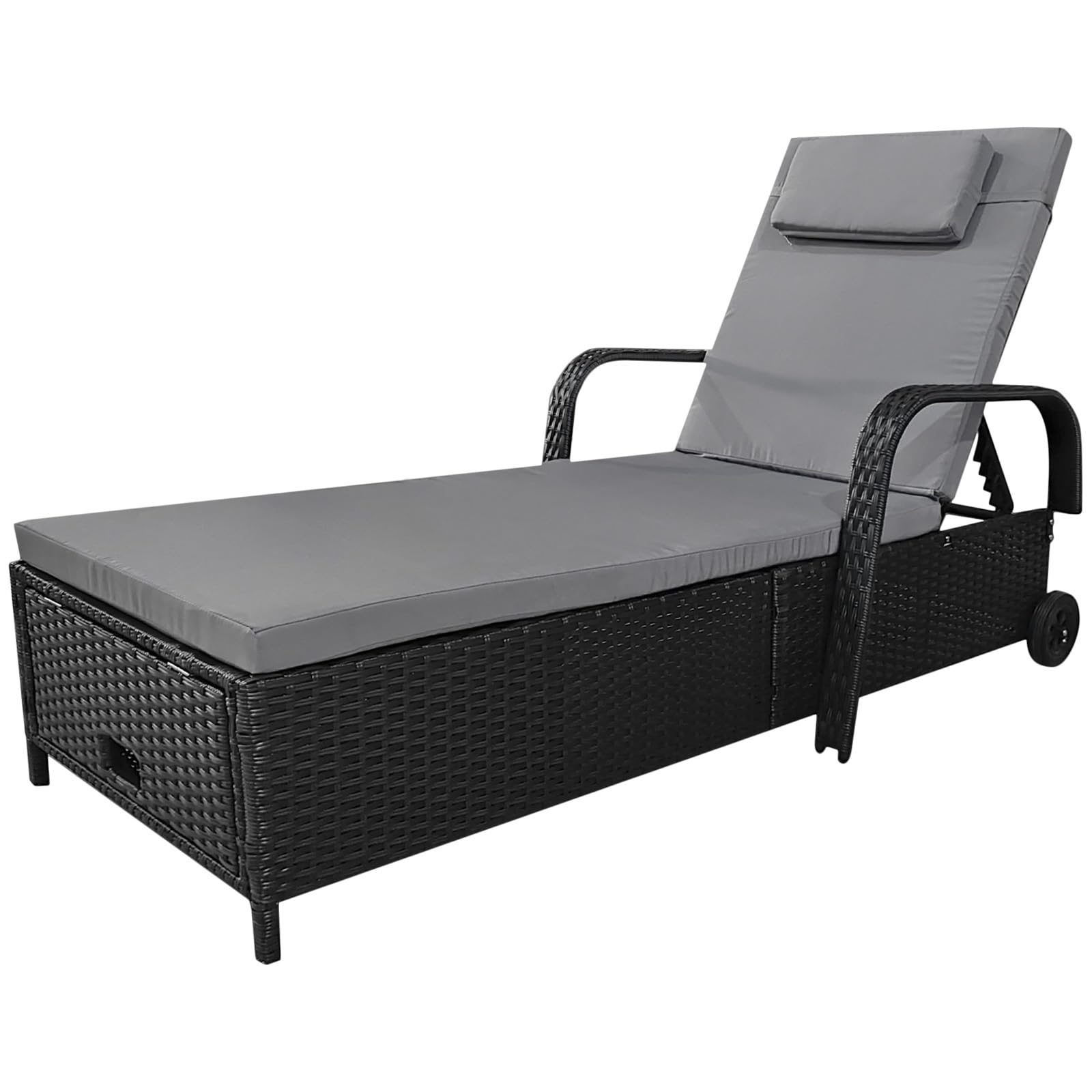 Leżak ogrodowy, leżak rattanowy z miejscem do przechowywania, odchylane oparcie, mobilny leżak z poduszkami, polirattan, metal, 200 x 75 x 30-92 cm (czarny/szary)
