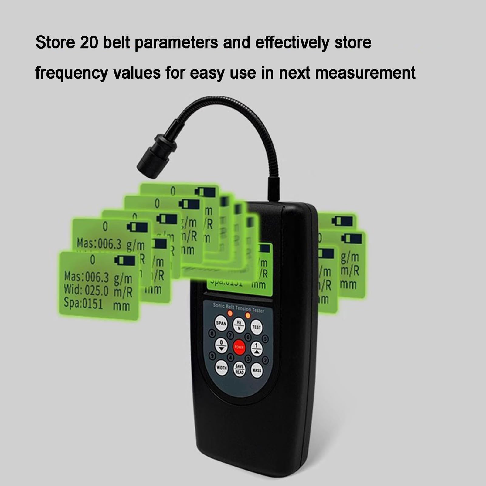 Testeur de Tension de Ceinture Sonique, Plage De Fréquence 10 Hz-680 Hz, avec Sonde De Direction Réglable, Stocker 20 Paramètres de Ceinture, Capteur Optique pour la Mesure