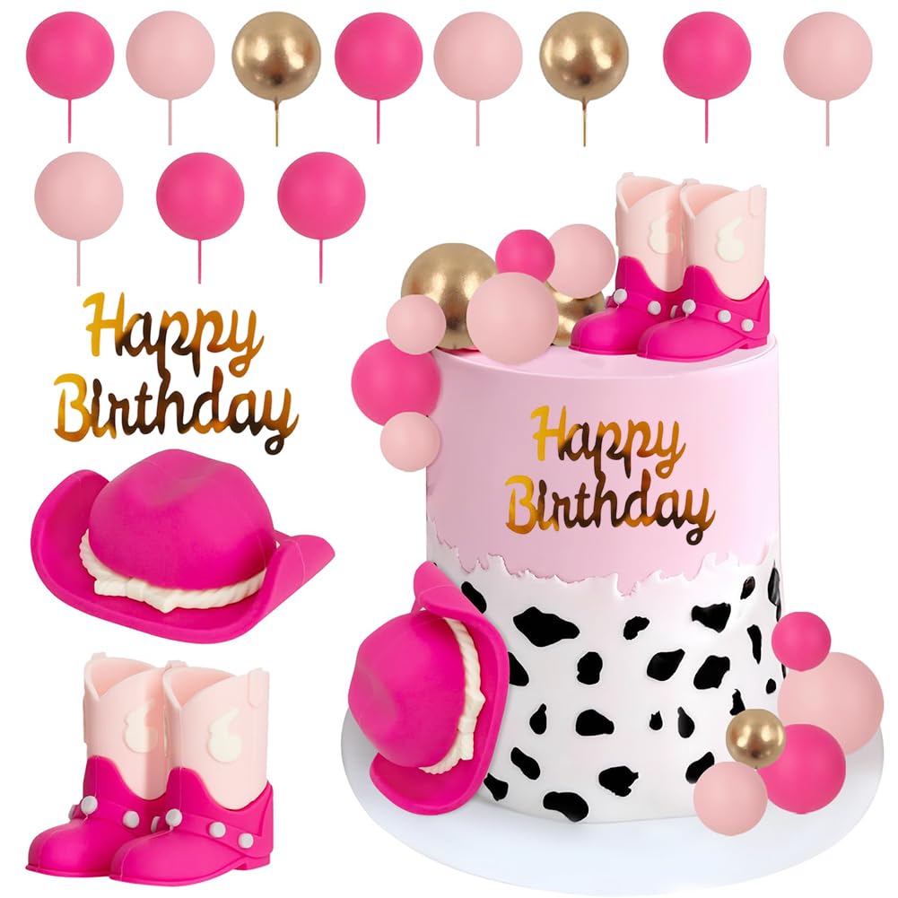 Pink Cowgirl Cake Topper Set 23Pcs Western Cake Decorations with Boot,Hat,Happy Birthday Topper, Stars & Balls, Rodeo Theme Birthday Party Decorations for Girls