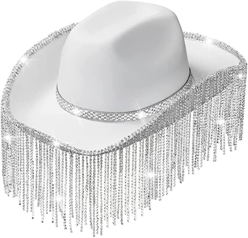 Rhinestones Cowgirl Hats Glitter Rave Cow Girl Hat with Rhinestones Fringe Adult Size Cowboy Hat for Party 3 Color White, White, 5 1/8-5 3/8