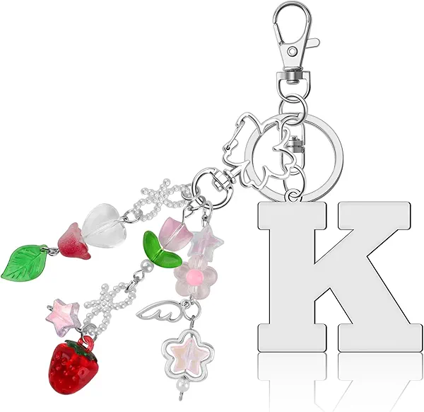 YaeYur Initial Letter Keychains for Women Cute Star Heart Strawberry Car Keychain for Wallet Backpack Bag