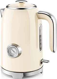 SUSTEAS Electric Kettle - 57oz Hot Tea Kettle Water Boiler with Thermometer, 1500W Fast Heating Stainless Steel Tea Pot, Cordless with LED Indicator, Auto Shut-Off & Boil Dry Protection, Beige