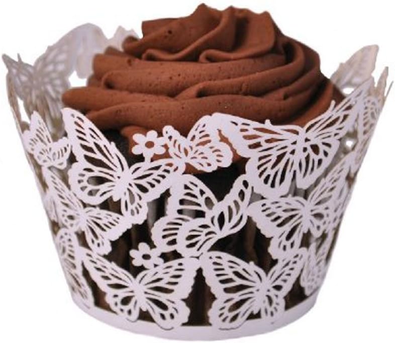 48 White Butterfly Filigree Laser Cut Cupcake Wrapper Collars Wedding Birthday Party Cake Topper Wraps
