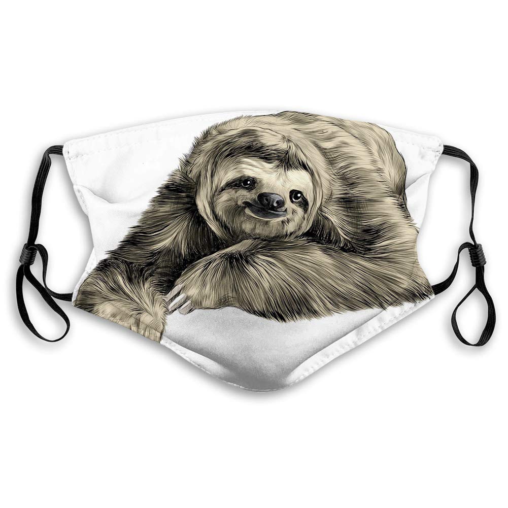 Comfortable Printed mask,Sloth, Sweetly Smiling Jungle Animals Lying Down with Crossed Legs Tropic Fauna Sketch, Black Ivory,Windproof Facial decorations for Adults Size：M