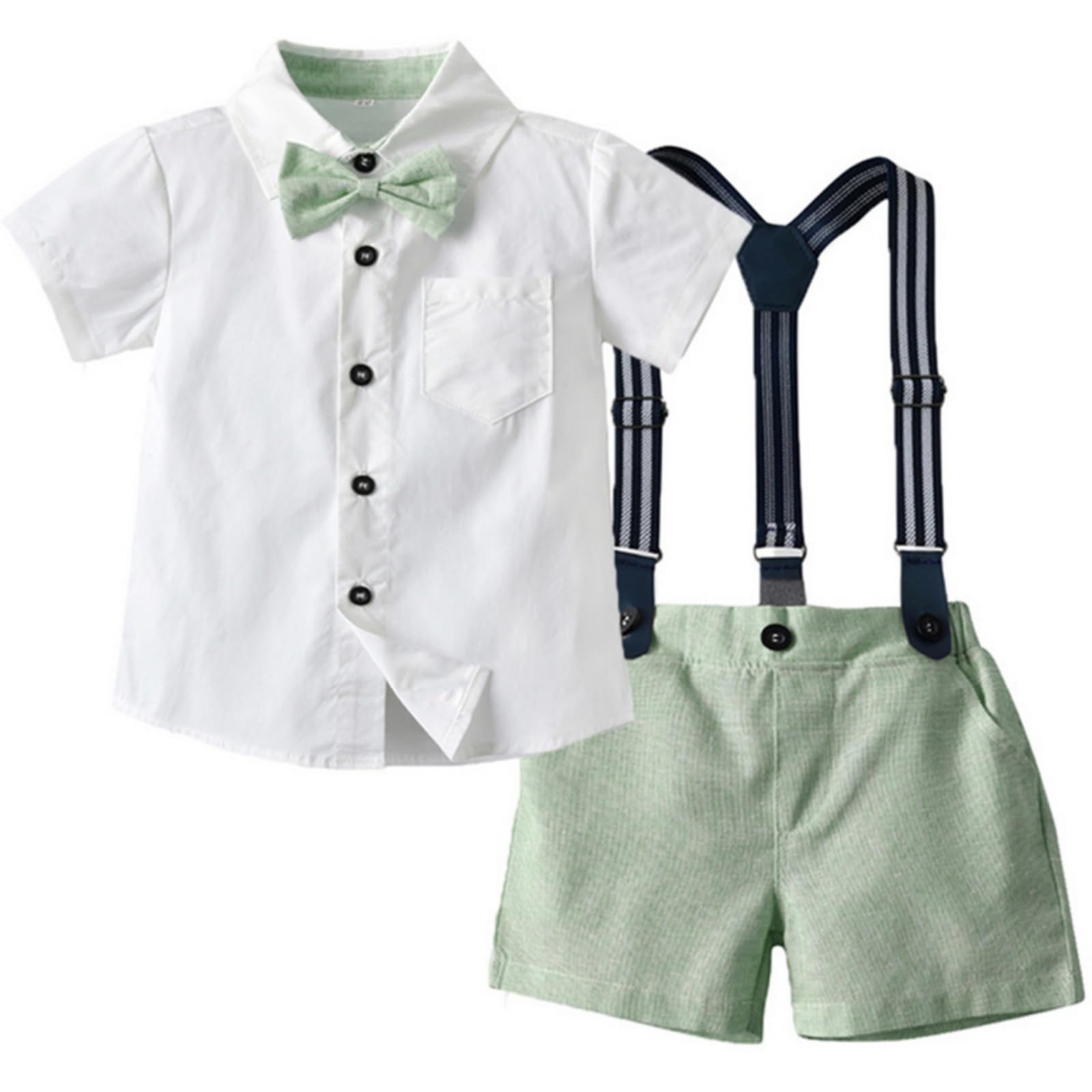 Yaopelky Toddler Boy Summer Gentleman Outfits Short Sleeve Shirt with Bowtie Suspender Shorts Suit 1-8 Years (Green, 7-8 Years)