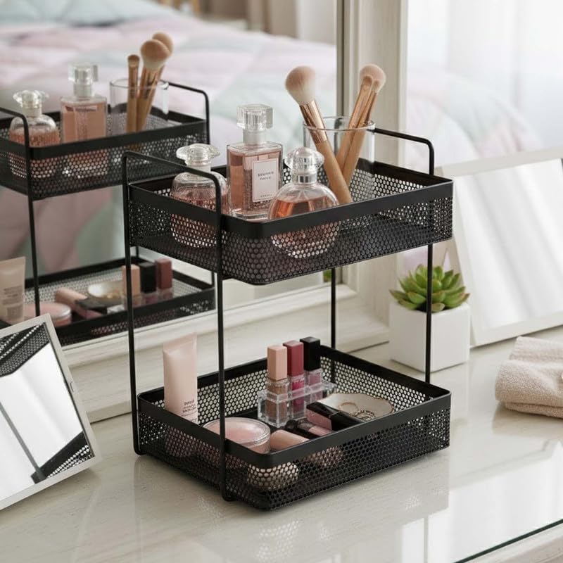 Image of Go Hooked Metal Standing Rack 2-Tier Countertop Organizer | Spices Organizer | Bathroom Essentials | Vanity Storage | Decorative Use | Cosmetic Makeup Storage (Black)