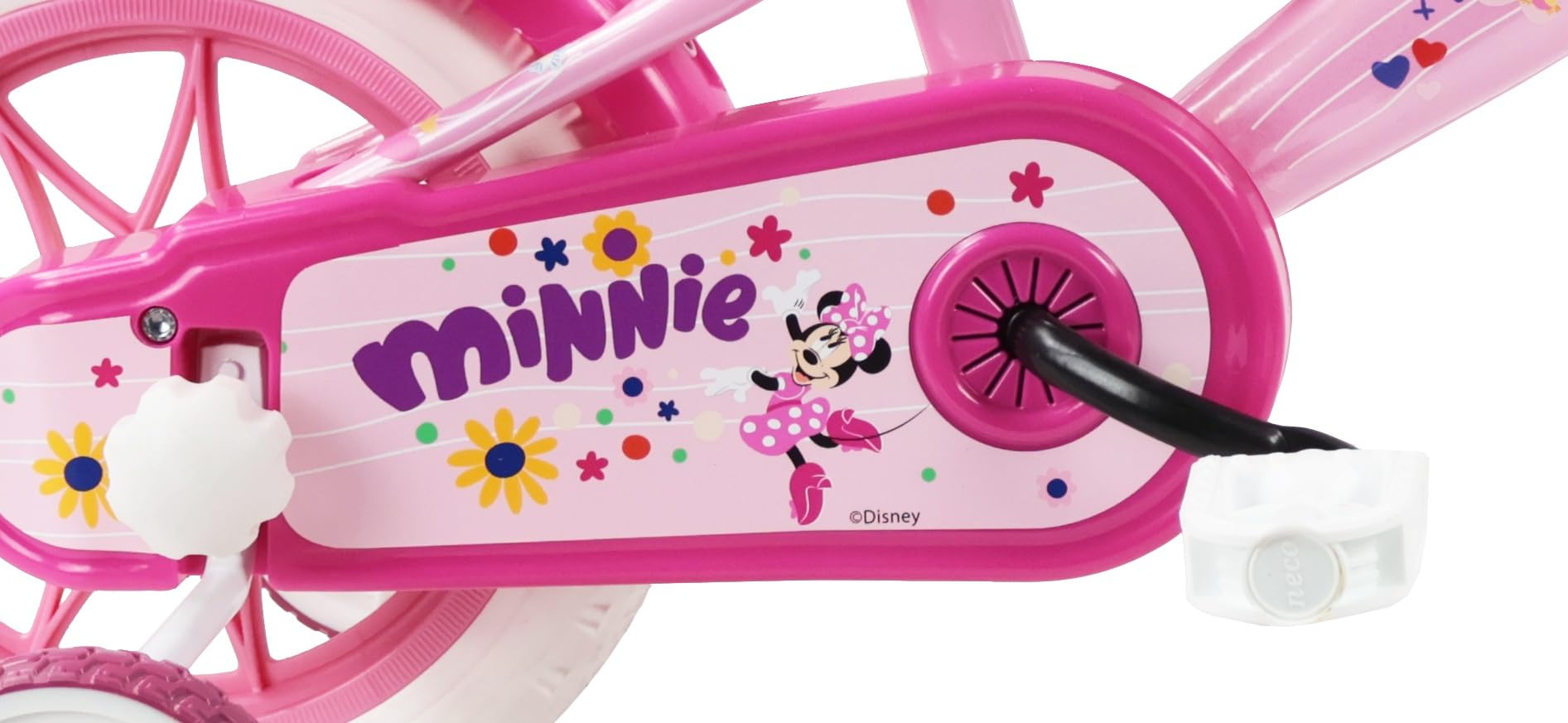 Disney Bicicletta da bambino 12' Minnie dotata di 1 freno, cestino anteriore, porta bambola posteriore, parafanghi, carter e stabilizzatori rimovibili senza attrezzi.