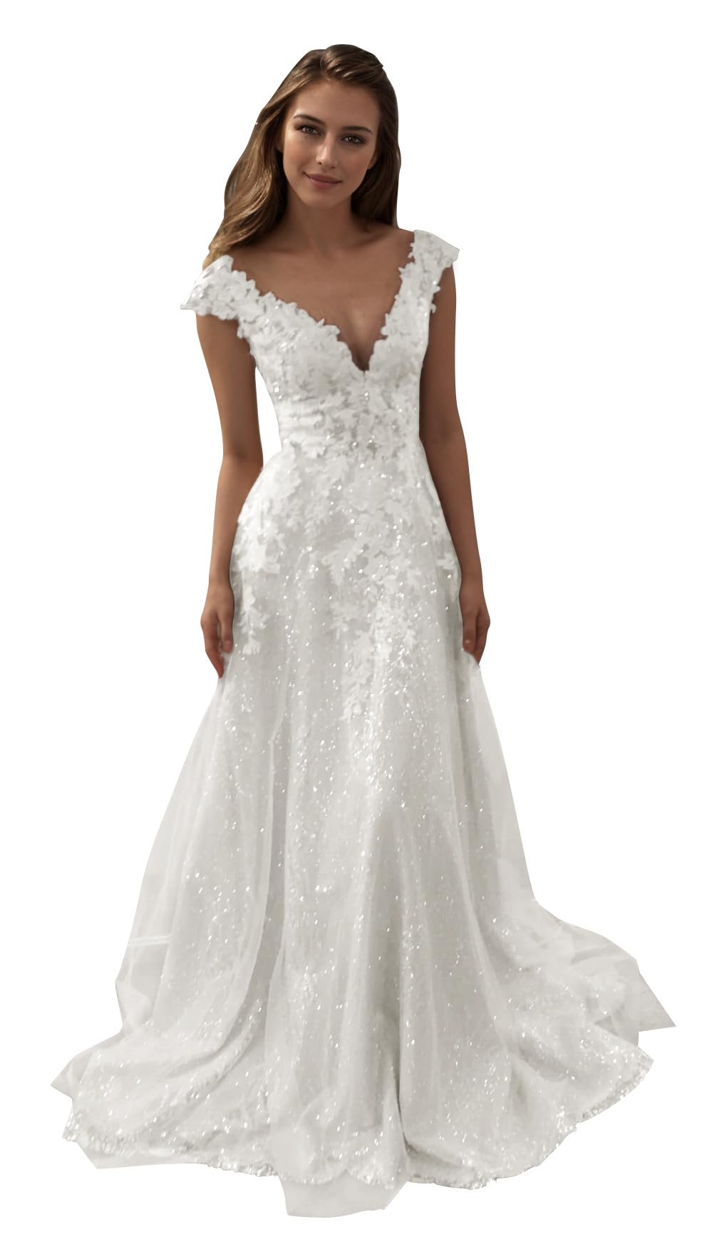 Fanciest Womens Lace Appliques Glitter Wedding Dresses for Bride Scoop Neck Tulle Bridal Gowns with Train
