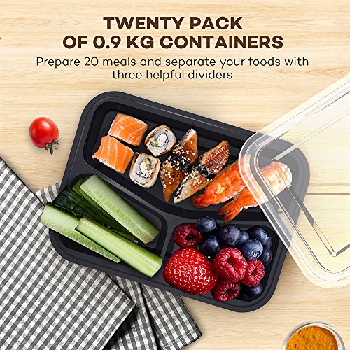 Meal Prep Food Containers 32 oz (20 Pack), Sable 3 Compartment Bento Lunch Boxes, Reusable Organization Cases, BPA Free (FDA, SGS & LFGB Certified, Heat and Cold Resistant, Stackable for Storage) - Thumbnail 6