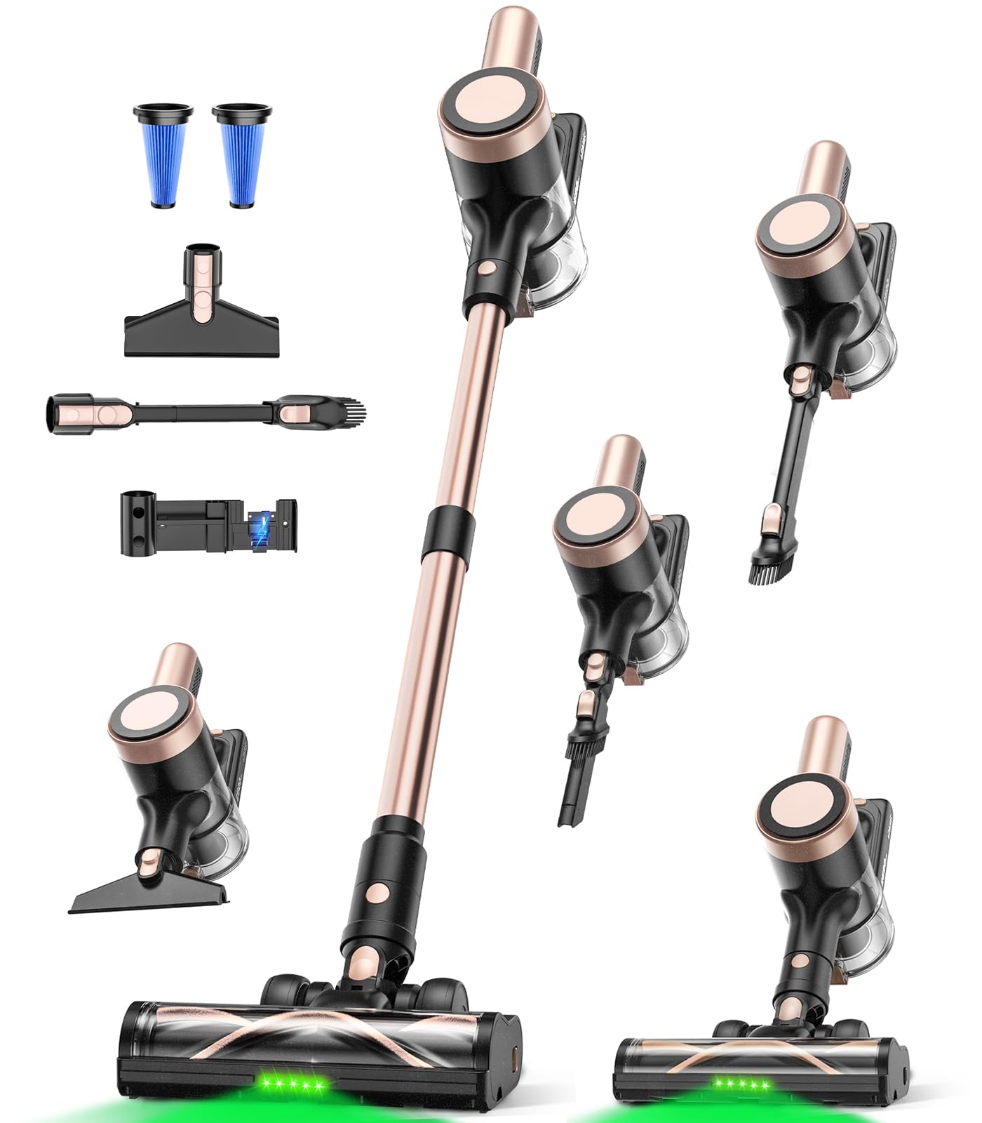 Cordless Vacuum Cleaner, 46KPa/500W Stick Vacuum with 55 Mins Runtime, Self-Standing Vacuum Cleaner for Home, LED Display, Anti-Tangle Brush, Rechargeable Vacuum for Pet Hair, Carpet & Hard Floors Champagne Gold