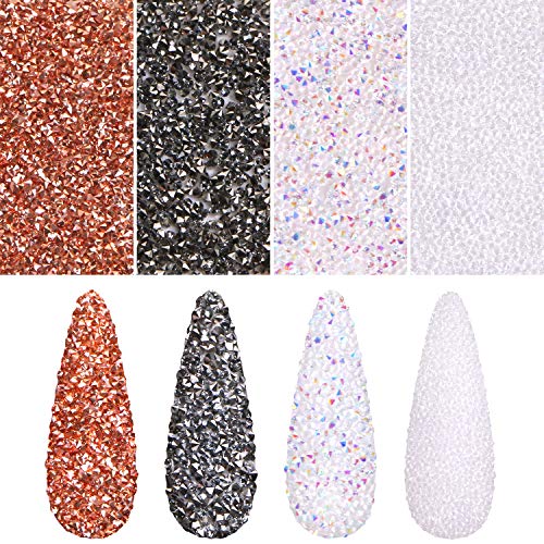 5600Pcs Ultra Mini Micro Diamonds Rhinestone Crystals, KISSBUTY 4 Colors Tiny 1.2mm Micro Diamond Glass Sand Rhinestones for Nail Art Sparkly Micro Nail Art Gems, Rose Gold AB Shine Clear Ore Silver
