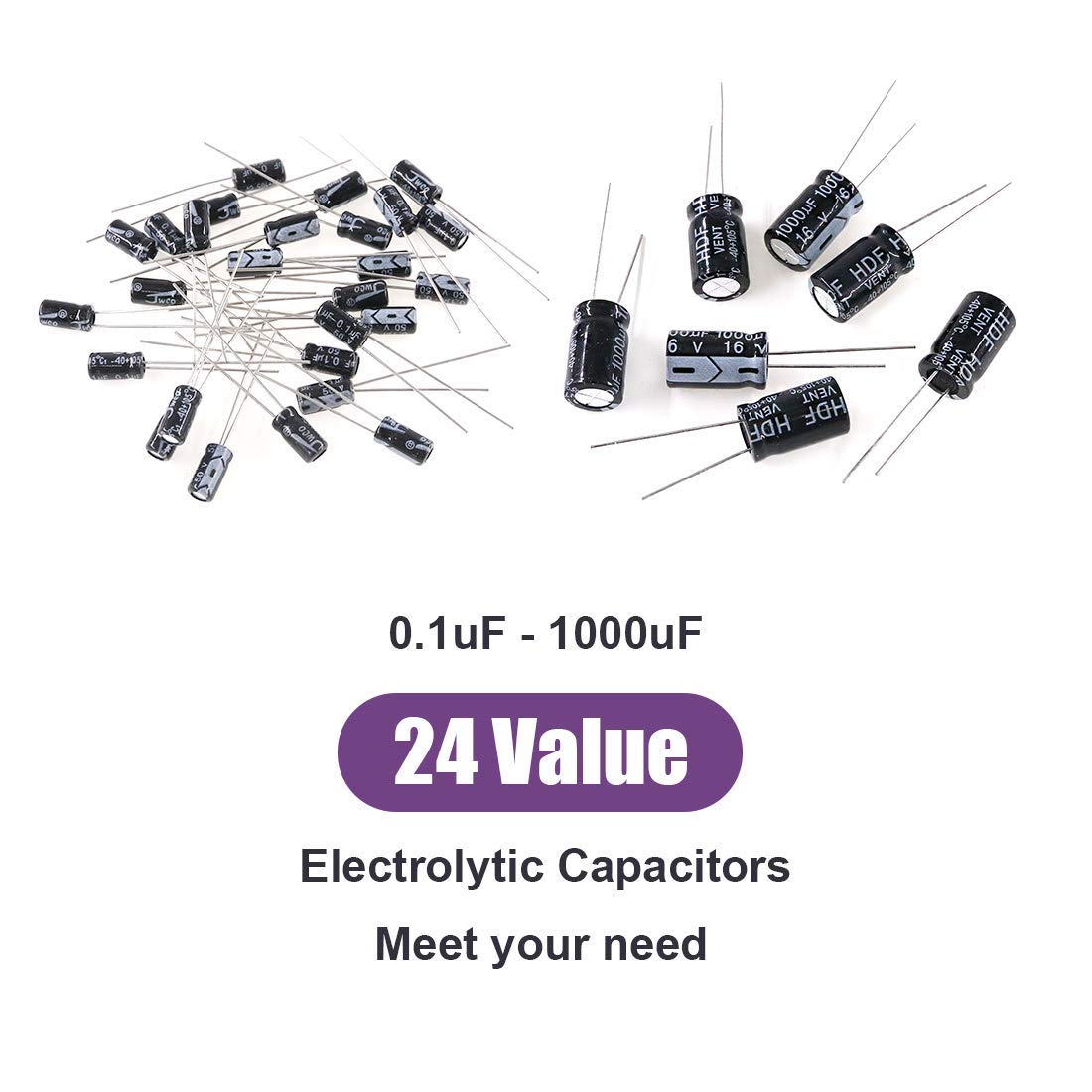 Kit surtido de condensadores electrolíticos de aluminio en línea de 24 valores, de 0,1 uF a 1000 uF, 10 V, 16 V, 25 V y 50 V.