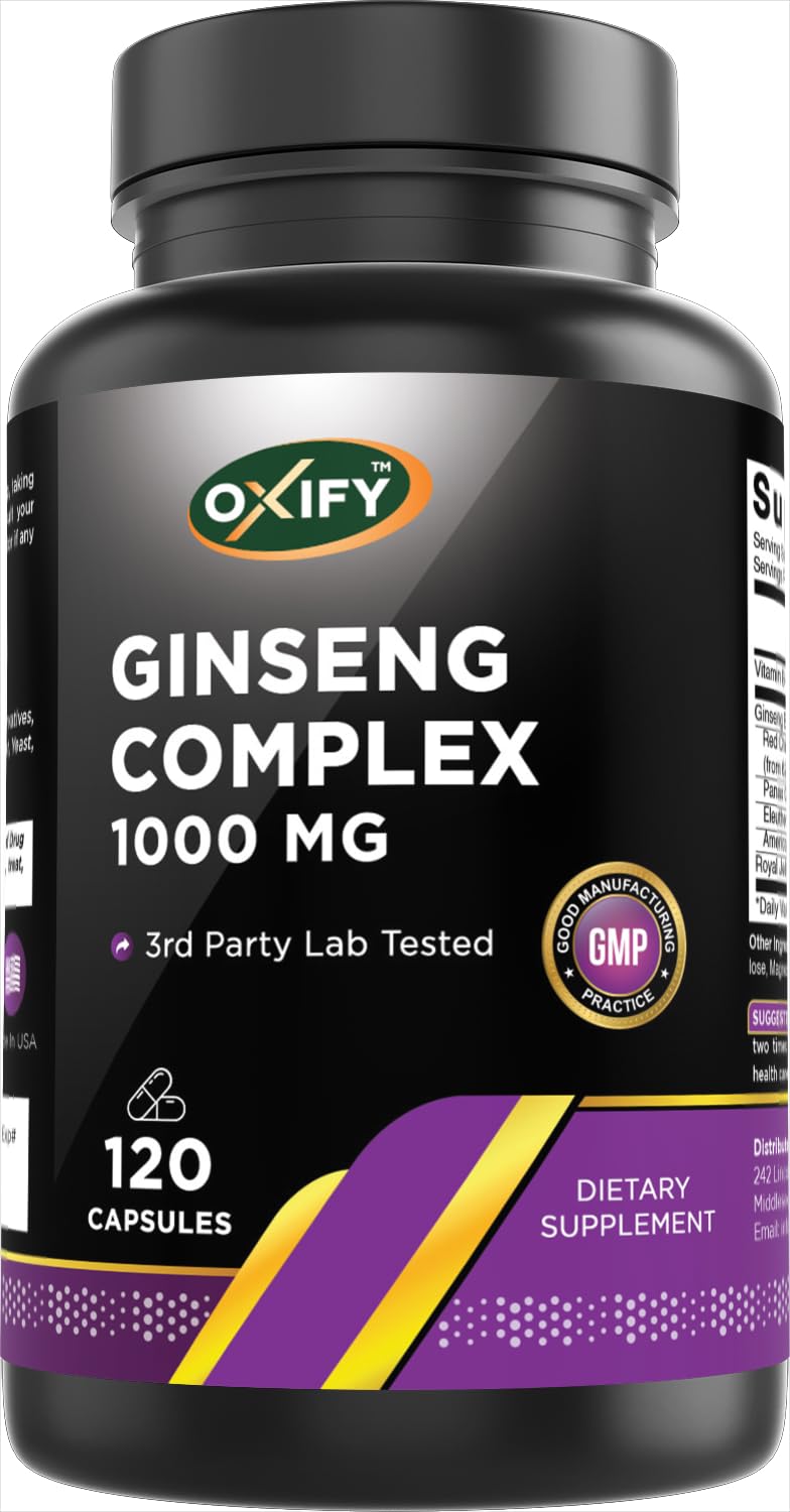 Oxify Ginseng Complex 1000 MG with B12 & Royal Jelly | 120 Capsules | Gluten-Free, Non-GMO | Supplement Made in USA