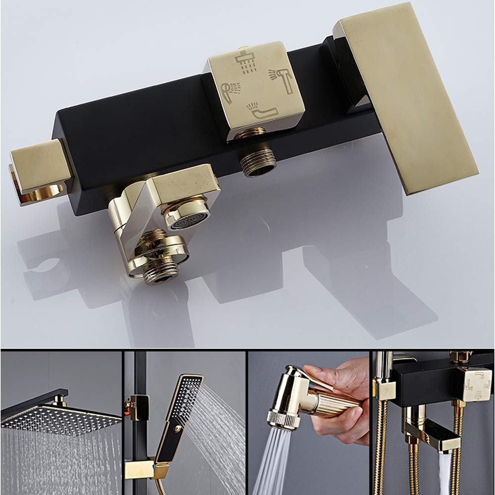 Sistema Doccia con soffione, Set Rubinetto Doccia Nero Oro, Set Combinato Multifunzione con soffione, doccetta a 3 modalità, Rubinetto per Vasca, soffione Bidet