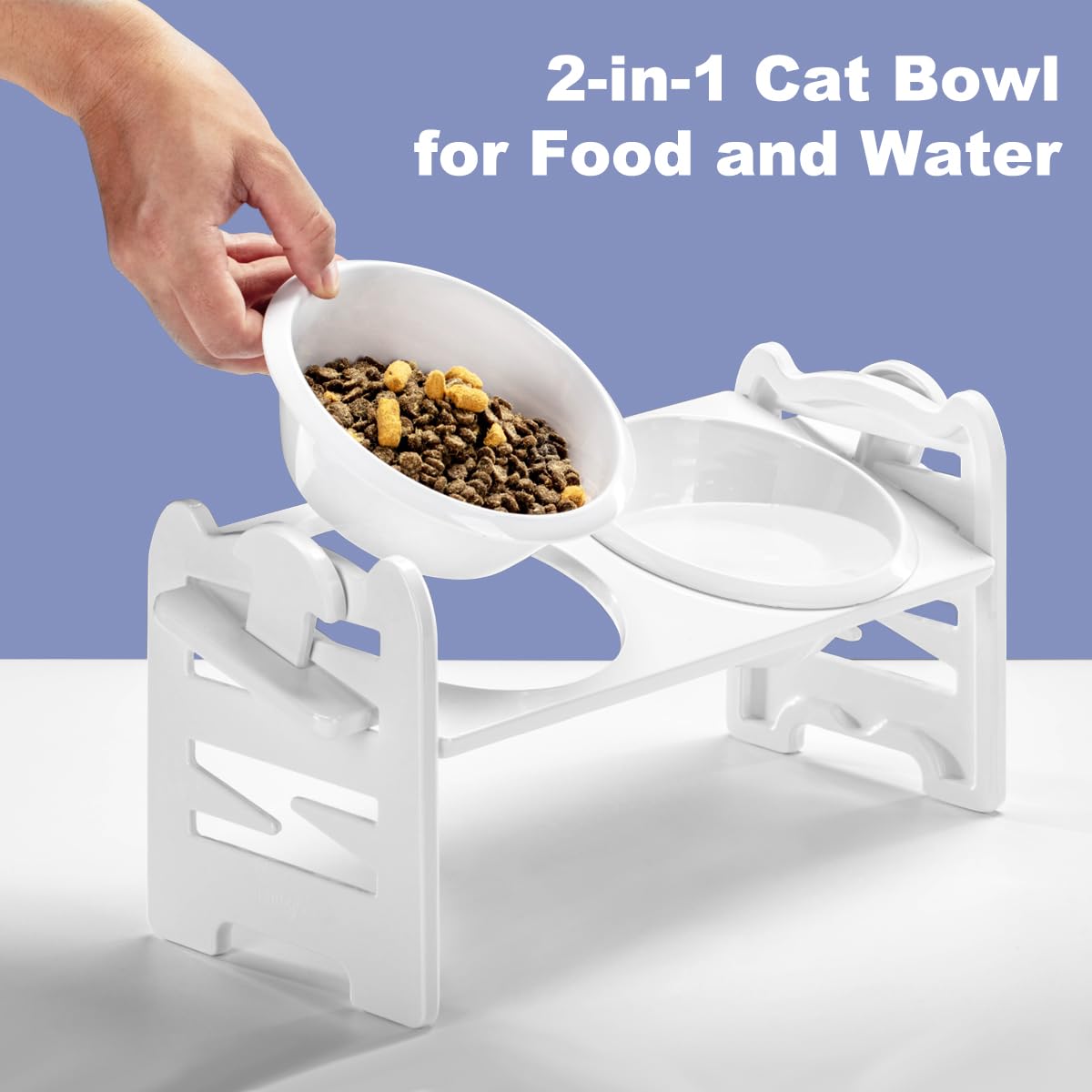 Ciotole per Gatti Rialzate,Doppio Ciotola Gatto Rialzata inclinabile di 15°con Supporto,2 Ciotole per Cani e Gatti per Cibo e Acqua,Altezza regolabile 6 in 1,Anti Vomito,500ML*2