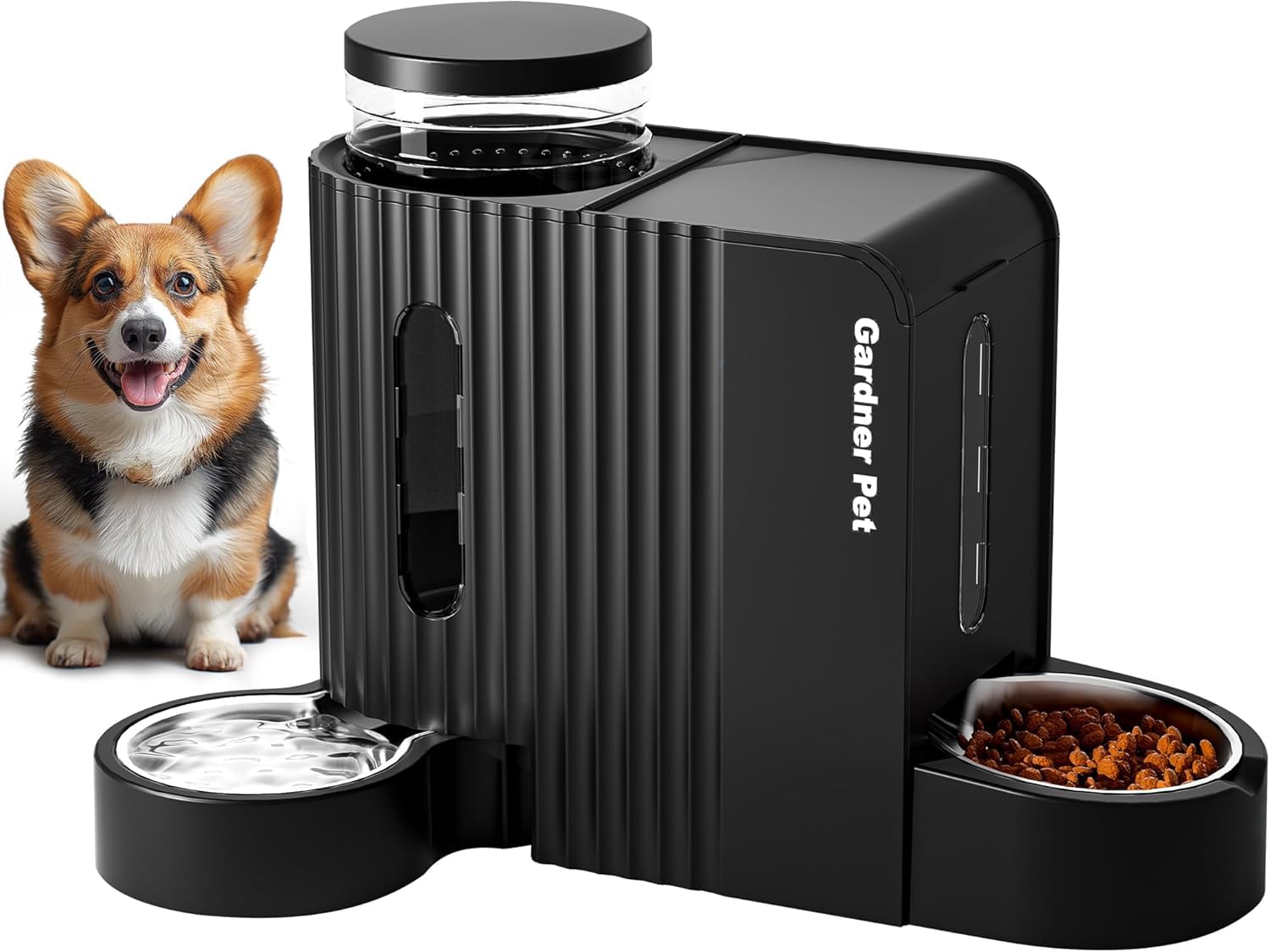 Gardner Pet 2 in 1 Distributore Automatico Cibo e Acqua Gatti (6L*2), Distributore Automatico Cibo Gatti con Ciotola in Acciaio Inox, GravitÀ Dispenser Crocchette Gatto, Senza BPA, Nero
