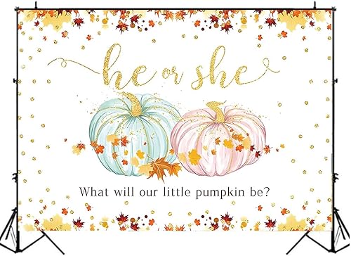 Decoración de calabaza para revelación de género del bebé, vinilo de 7 x 5 pies, hojas de arce doradas, él o ella, rosa o azul, decoración de fiesta