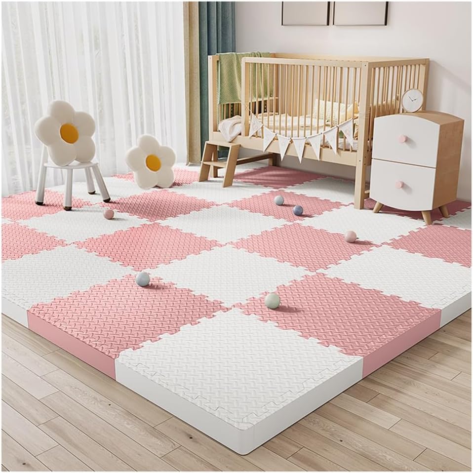 24 Pcs Interlocking Foam Floor Mats – 12×12 Inch Thick Puzzle Tiles, Soft Non-Slip Gym Mats for Playroom & Home Exercise, Floor Protection, White & Light Pink