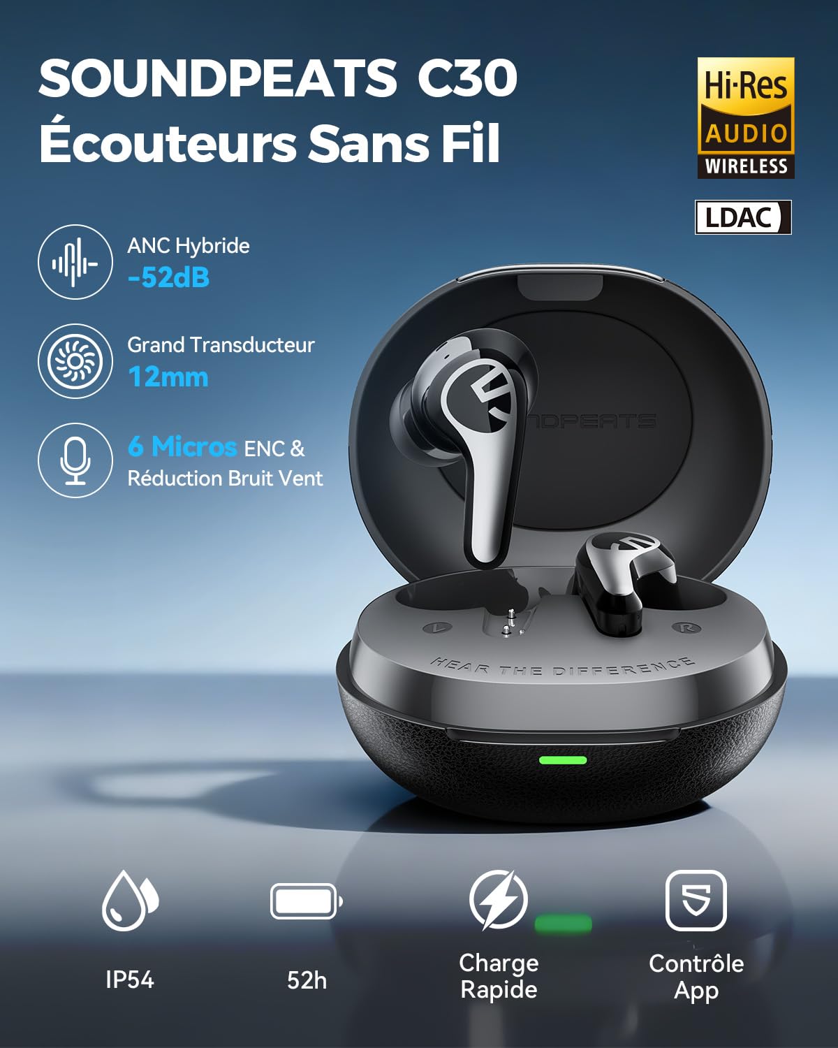 SoundPEATS C30 Écouteurs Bluetooth sans Fil ANC 52dB Autonomie 52H