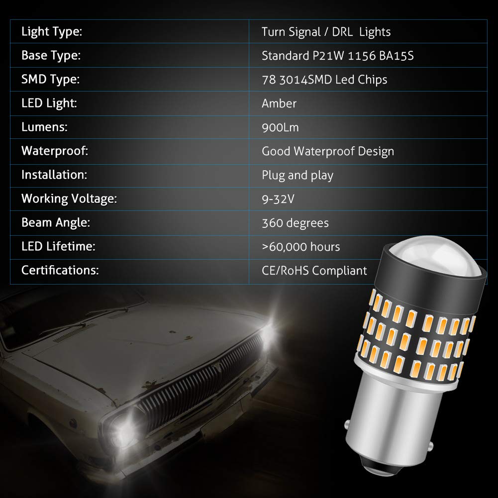 KATUR 1156 BA15S 7506 1073 1095 1141 żarówka LED 900 lumenów 3014 78SMD żarówki LED do kierunkowskazu, tylne światło hamowania, bursztynowe (opakowanie 10 szt.)