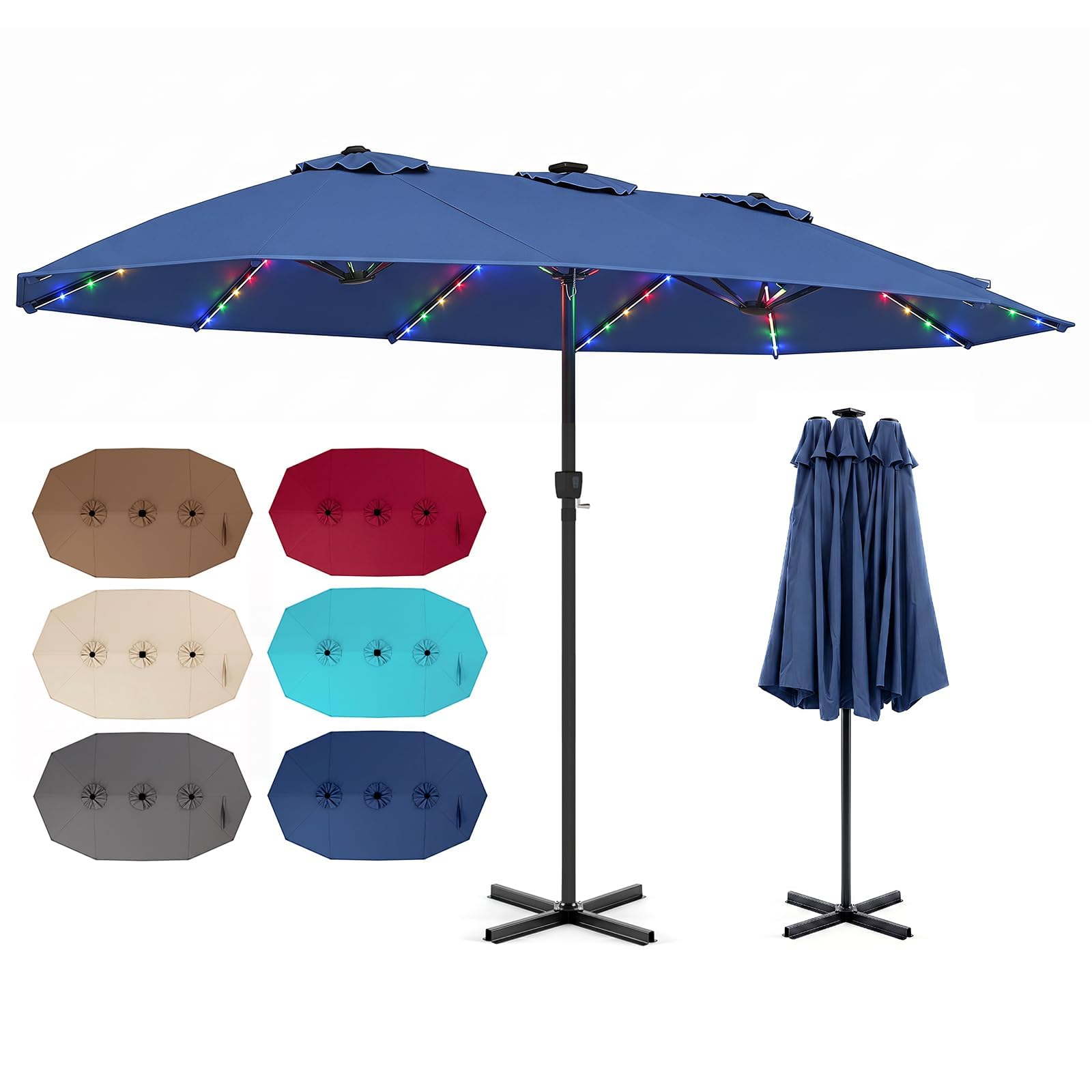 COSTWAY 3.8m/4.5m Double-Sided Parasol, 12 Heavy-Duty Ribs Extra Large Sun Umbrella with Lights & Crank Handle, Outdoor Twin Market Sunshade Shelter Canopy (Navy, 144 Lights, 436 x 258 x 254cm) — image 1