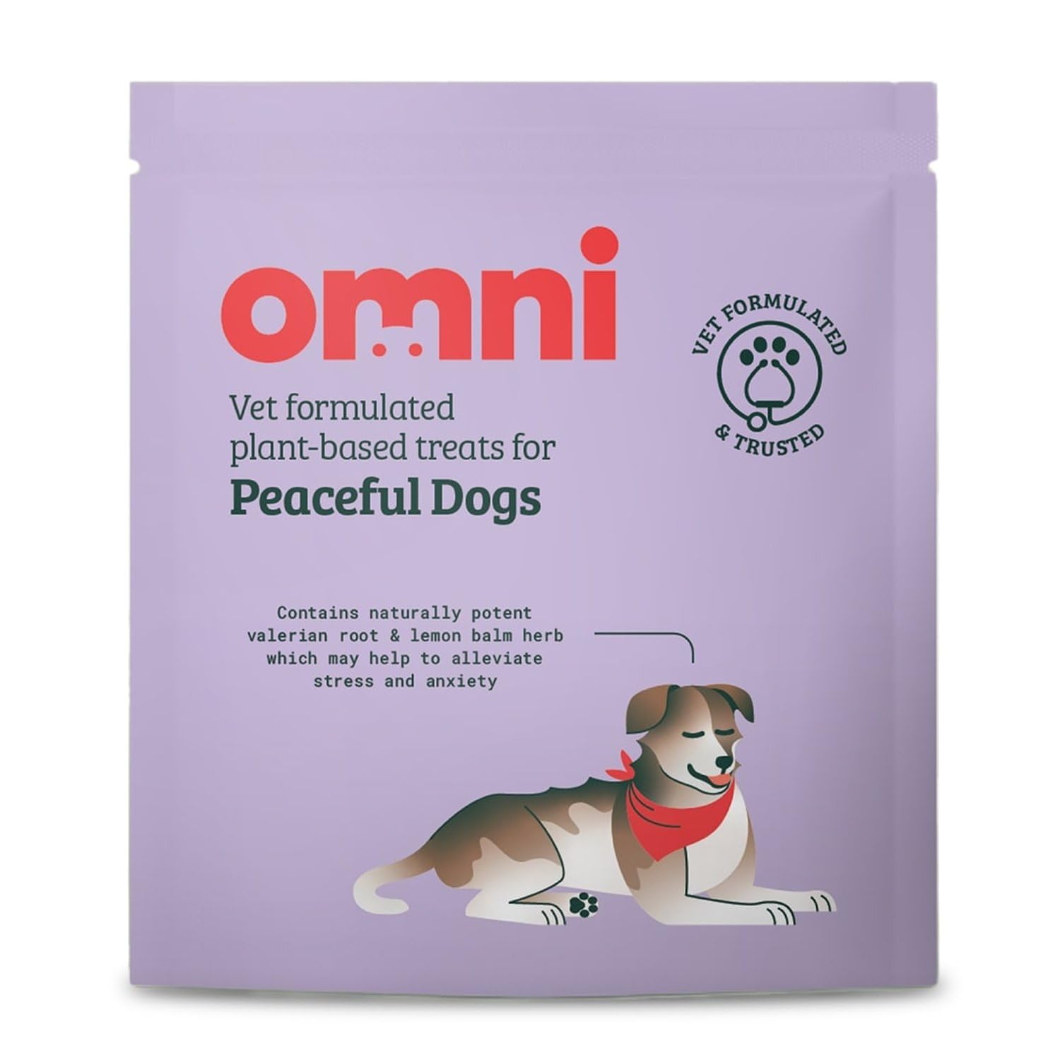 Omni Natural Calming Dog Treats - Anxiety Relief Treat for Nervous Dogs with Valerian Root & Lemon Balm, Plant Based Vet Formulated Dog Training Treats for Puppy & Adult, For 8 Weeks Old Plus, Single