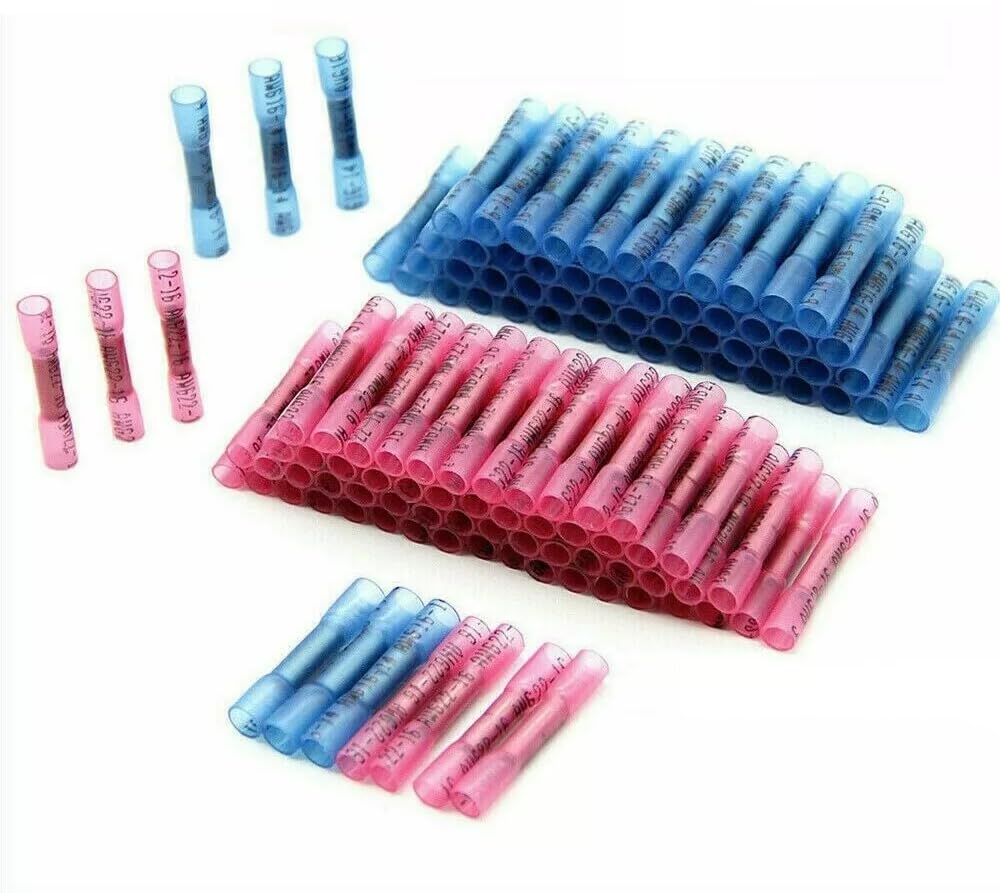 200 Pcs Heat Shrink Butt Wire Connectors for 22–10 AWG Crimping Terminals - 100 Blue + 100 Red
