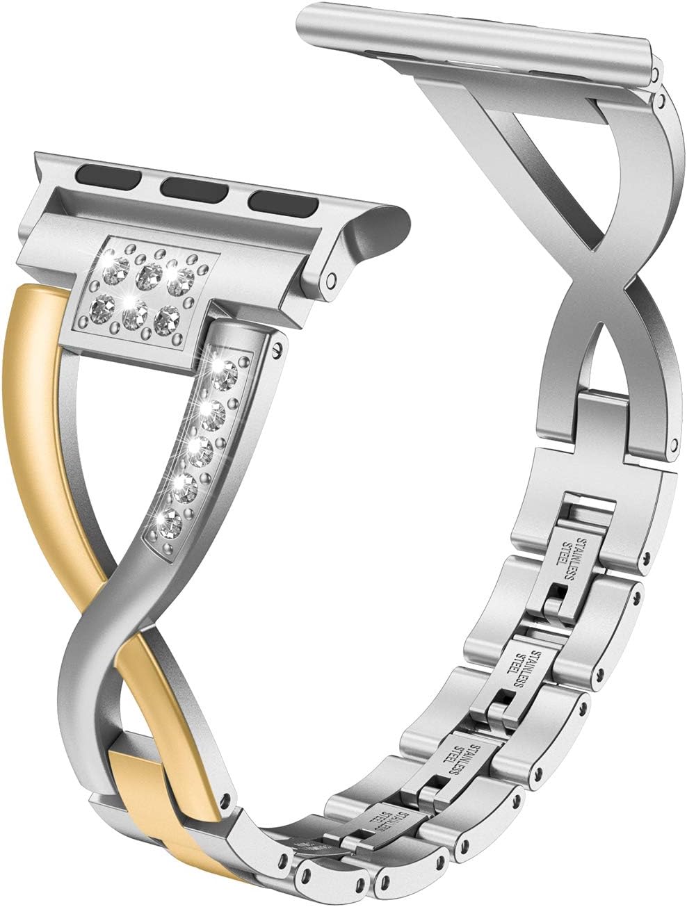 Wearlizer Pure Gold Silver Compatible with Apple Watch Band 38/40/41/42mm Womens Color 2-Tone Bling Rhinestone Metal Strap X-Link Bracelet for iWatch Series 11 10 9 8 7 6 5 4 3 SE/Ultra 3 2 1