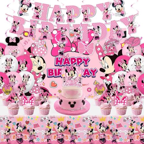Minnie Birthday Party Supplies, Party Decorations Set Include Banner, Backdrop, Tablecloth, Balloons, Hanging Swirls, Cake Cupcake Toppers for Girls Mouse Party Decorations