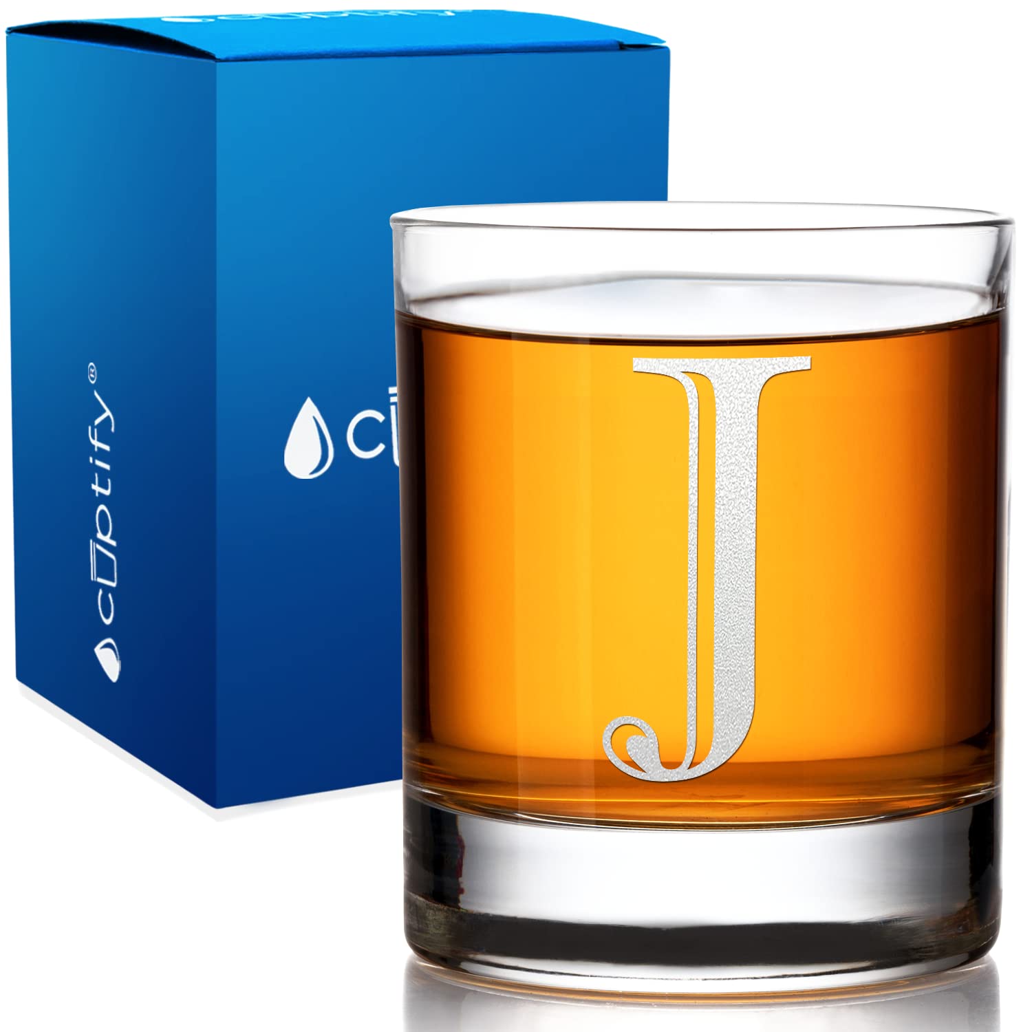 Monogram Initial Letter J Etched Whiskey Glass 10.25 oz Rocks Cocktail Glass Etched Personalized Gifts for Men and Women