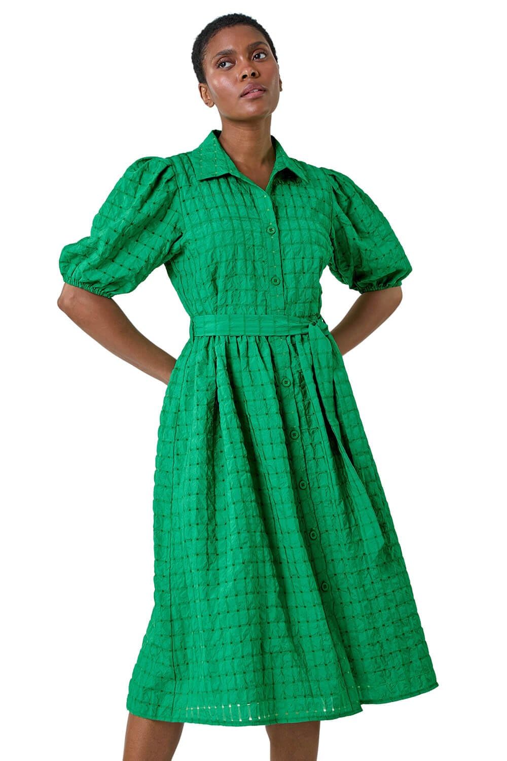 Roman Women's Green Textured Puff Sleeve Midi Shirt Dress Size 16