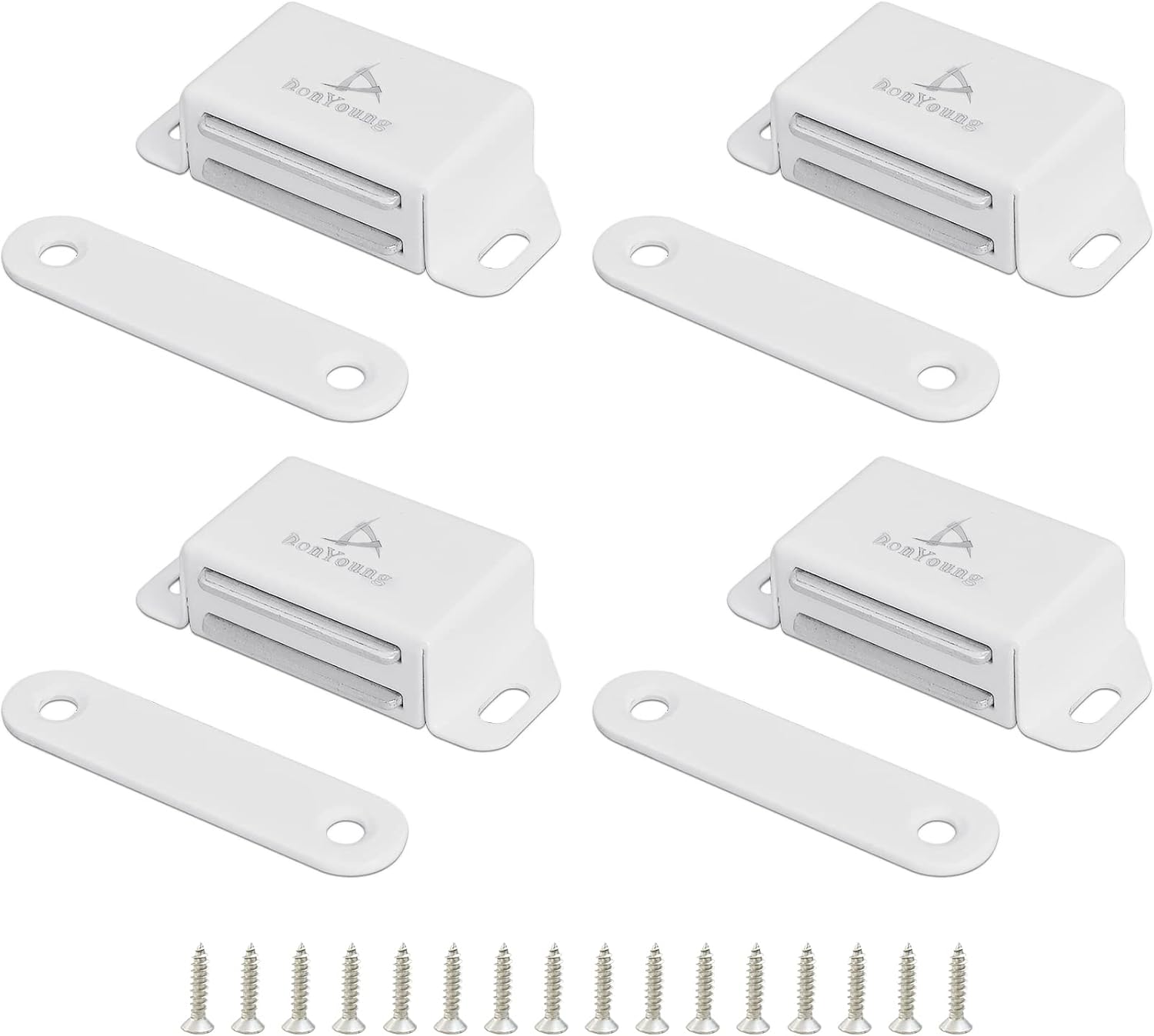 DonYoung Magnetic Latches, 20lb Magnet Cabinet Door Catch 4 Pack, Stainless Steel Screws for Solid Surface, Keep Kitchen Bathroom Cupboard Wardrobe Closet Door Tightly Closed, (White)