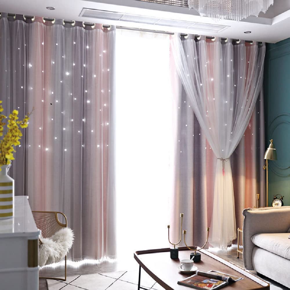 Lanqinglv Girls Curtains with Sheer Net - Kids Room 2 Panels Stars Blackout Curtain with Hollow Out Design,Pink Grey Double Layer Star Cut Out Living Room Window Curtains Nursery,W 52 in x L 84 in