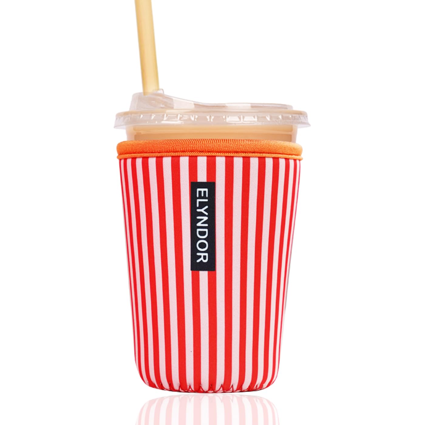 Reusable Insulated Sleeve for Iced Coffee Cup, Coffee Neoprene Sleeve for Cold &amp; Hot Drinks, Beverage Holder for Iced Coffee (Red Stripes, Small: 16-18oz)