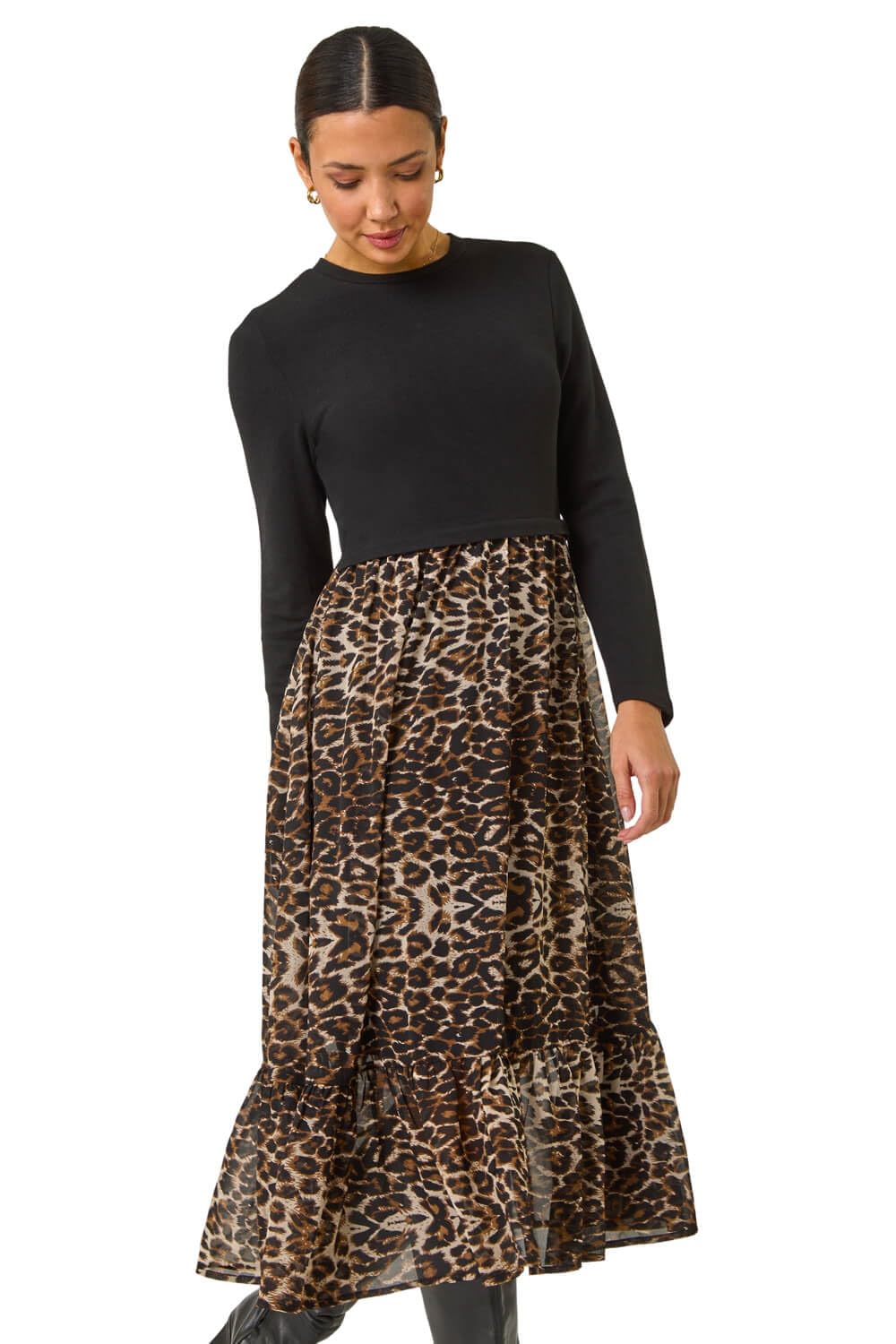 Roman Originals Women's Beige 2 In 1 Animal Print Stretch Midi Dress For Uk - Everyday Autumn Winter Round Neckline Comfy Soft Evening Vacation Work Party Night Out - Size 18