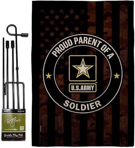 Proud Parent Army - Bandera de arpillera para jardín, juego con soporte, guardabosques de las fuerzas armadas, veteranos militares estadounidenses