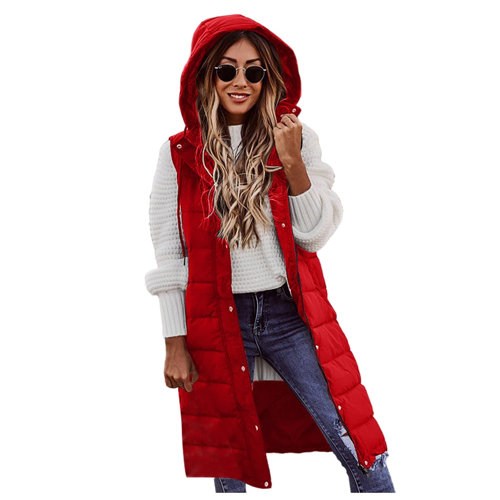 Weste Damen Lang Steppweste Ärmellose Winterjacke Mit Kapuze Longweste