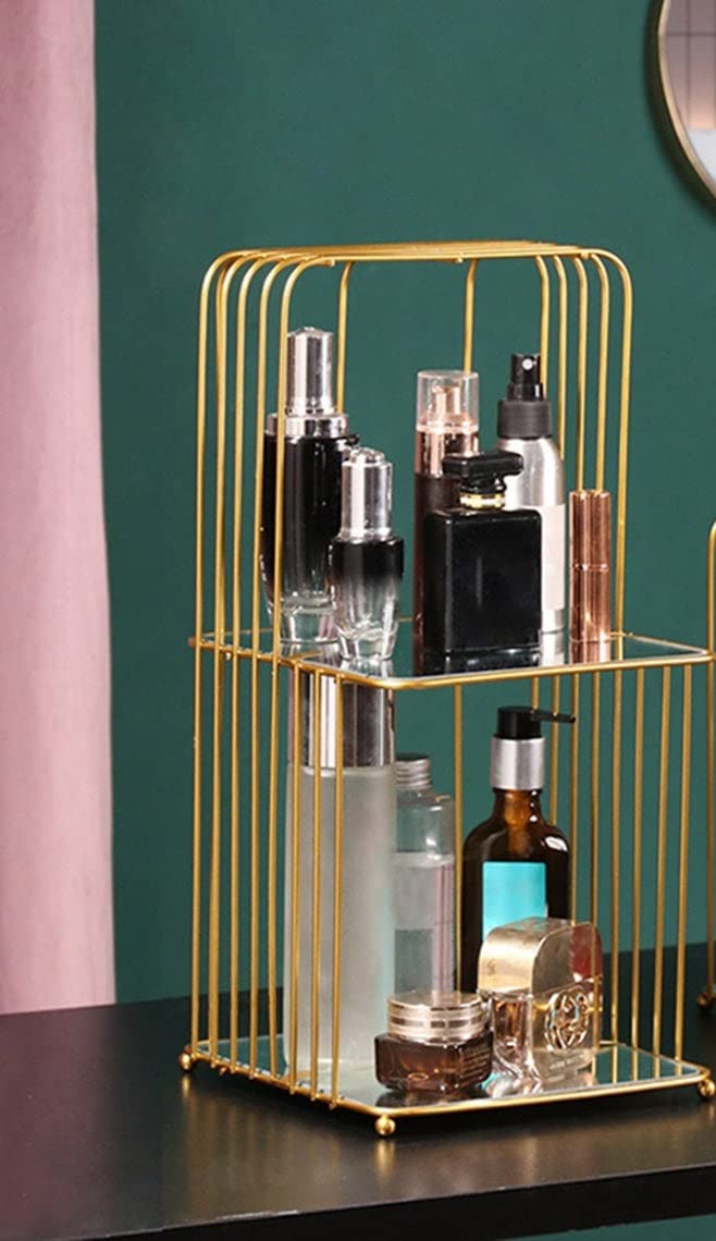 LamJum Metal Square Perfume Organiser 2 tier with Mirror Base and Beautiful Gold Colour Decorative Cosmetics Holder Beauty Display (B09K6PX34S) Amazon Price History, Amazon Price Tracker