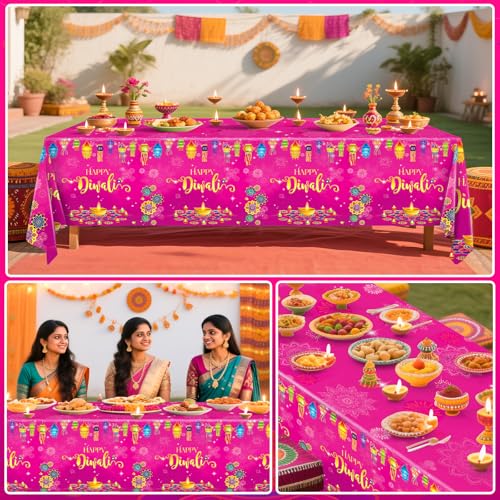 Image of Miucat 3Pcs Diwali Decorations Tablecloth, Waterproof Plastic Table Cover Diwali Table Cloth for Indian Diwali Light Celebration Party Supplies Decorations, 54x108 Inch