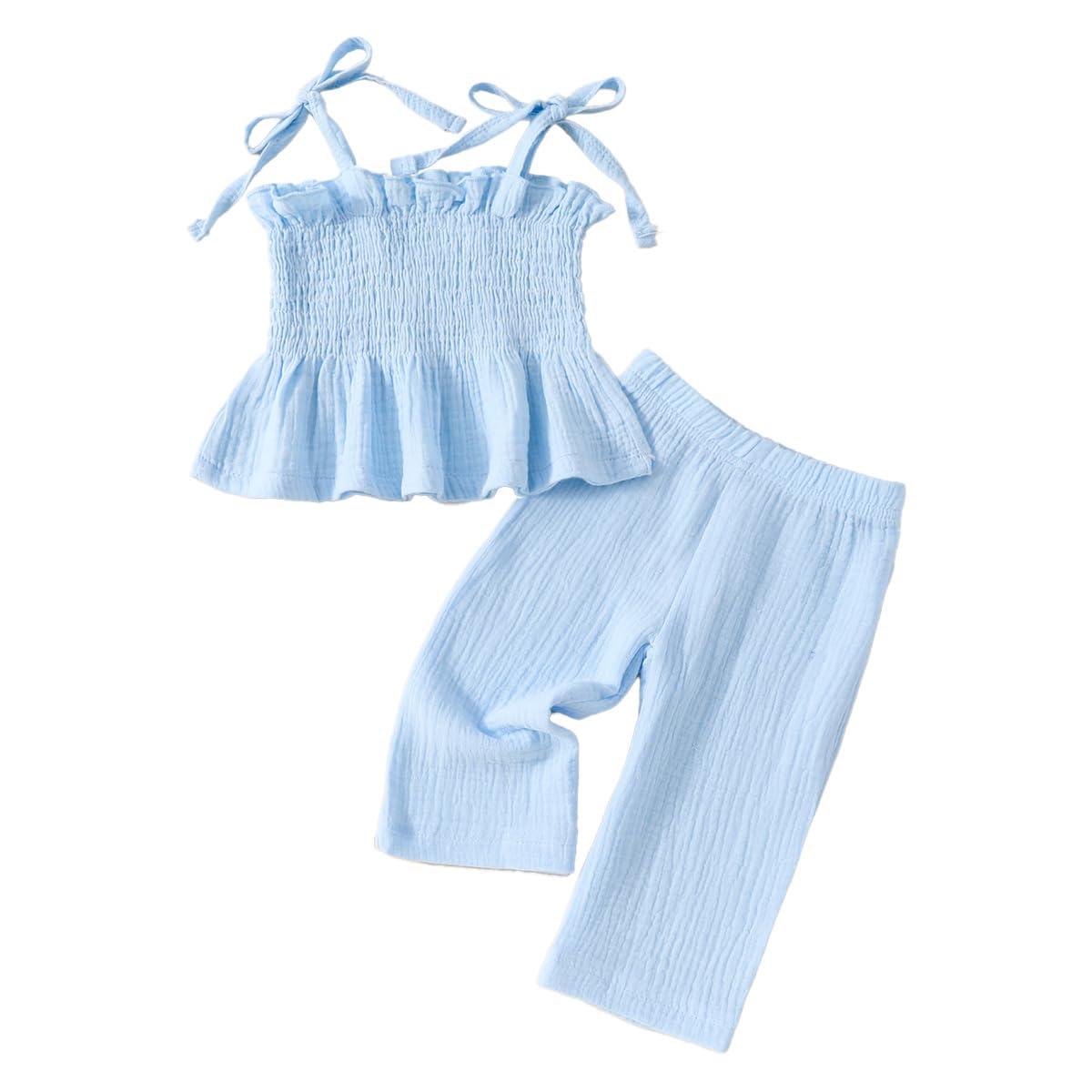 Conjunto Verano para Niñas Pequeñas Color Liso/Cuadros Sin Mangas Con Volantes Camisetas y Pantalones Anchos de Lino Ropa Infantil de Primavera