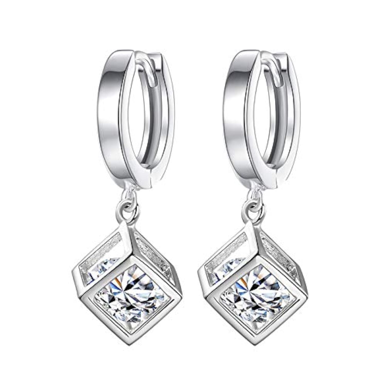 925 Sterling Silver Rubik's cube CZ Pendant Earring,White Cubic Zirconia Drop Earrings Cute Dangle Earrings for Women Girls Gift