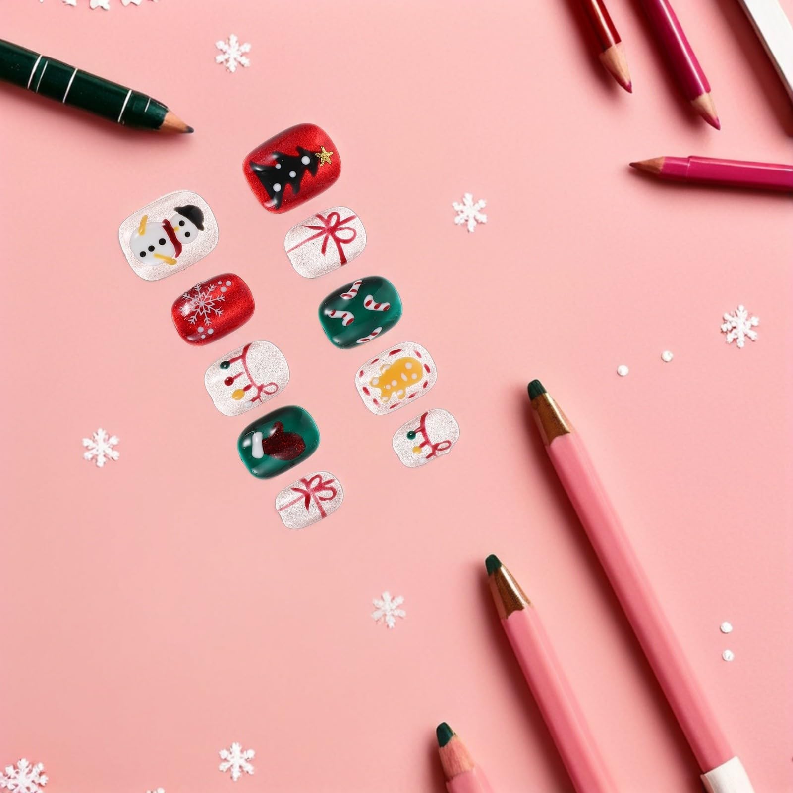 5 Sets Kurze Weihnachtliche Press On Nägel mit Kunststoff, Rund,