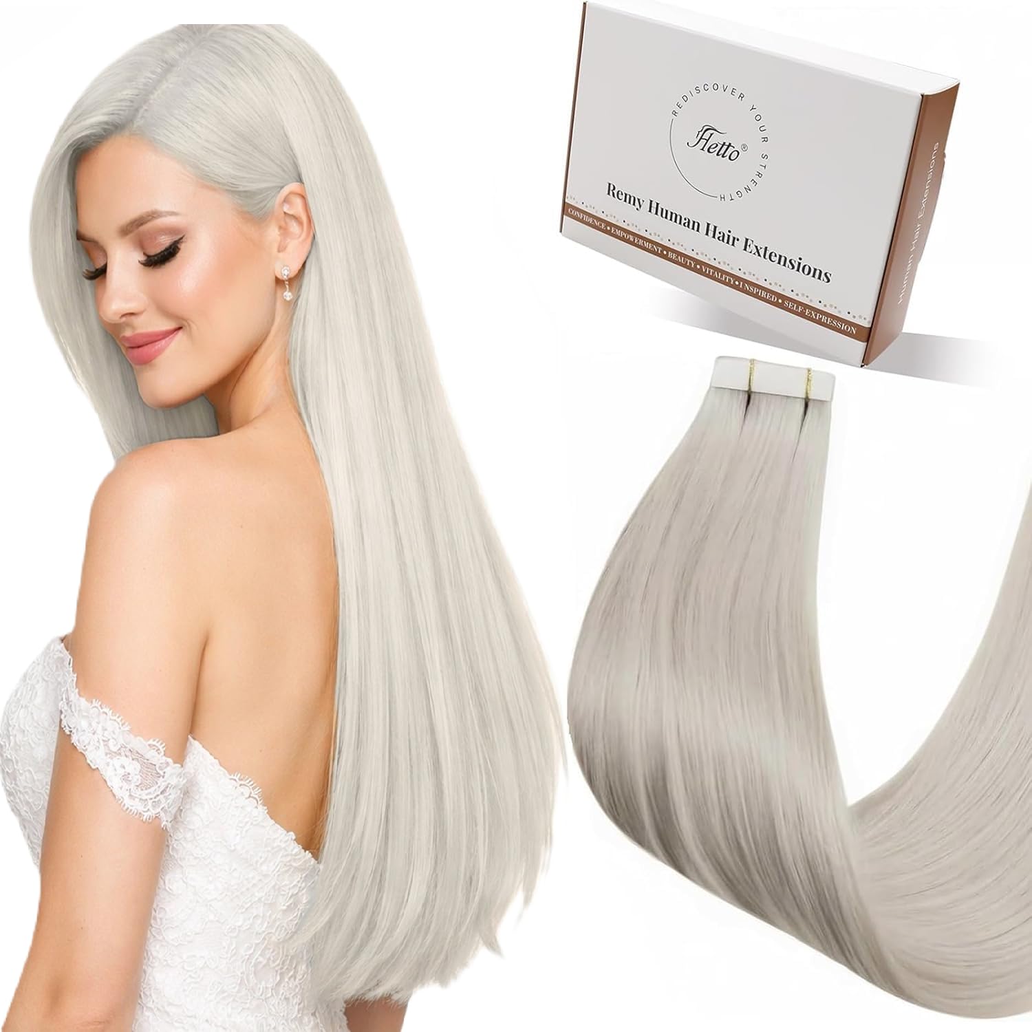 Hetto Tape in Extensions Echthaar Platinblond 60cm 20Stück 50g - Extra Lange Tape Extensions für Atemberaubende Länge, Catwalk-Look, Optimaler Halt & Natürlicher Glanz #60