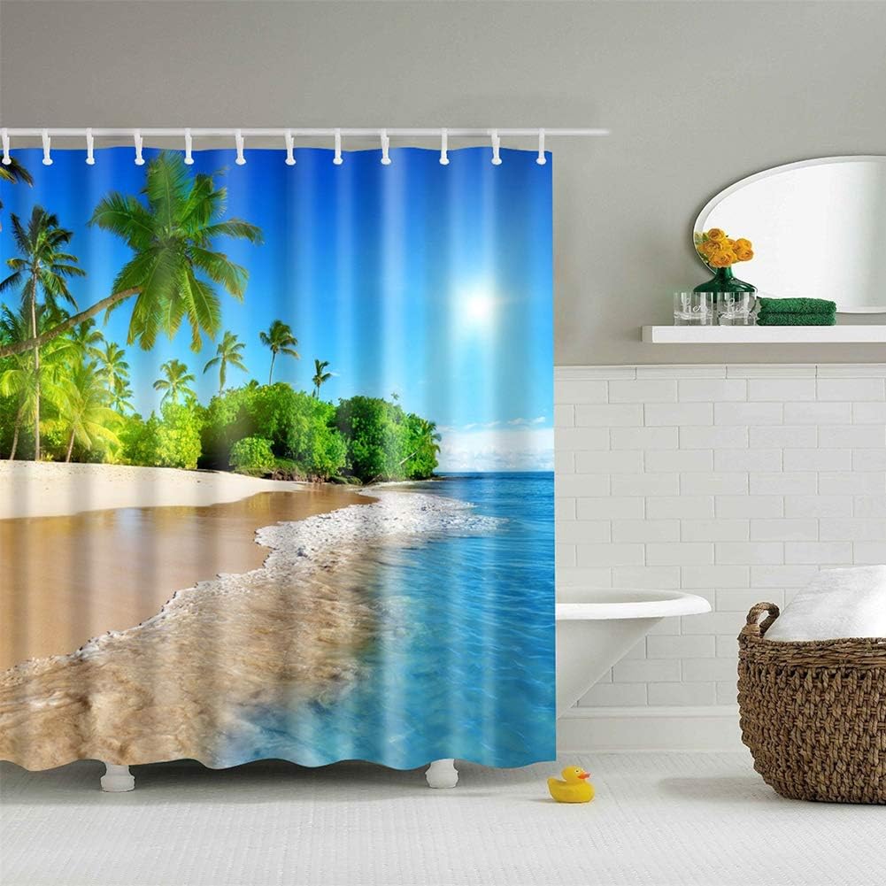 Shower Curtain, Beach Shower Curtains for Bathroom, Bath Fantastic Decorations Waterproof Polyester Fabric Bathroom Shower Curtain Liner with Hooks, 72 x 72 inch